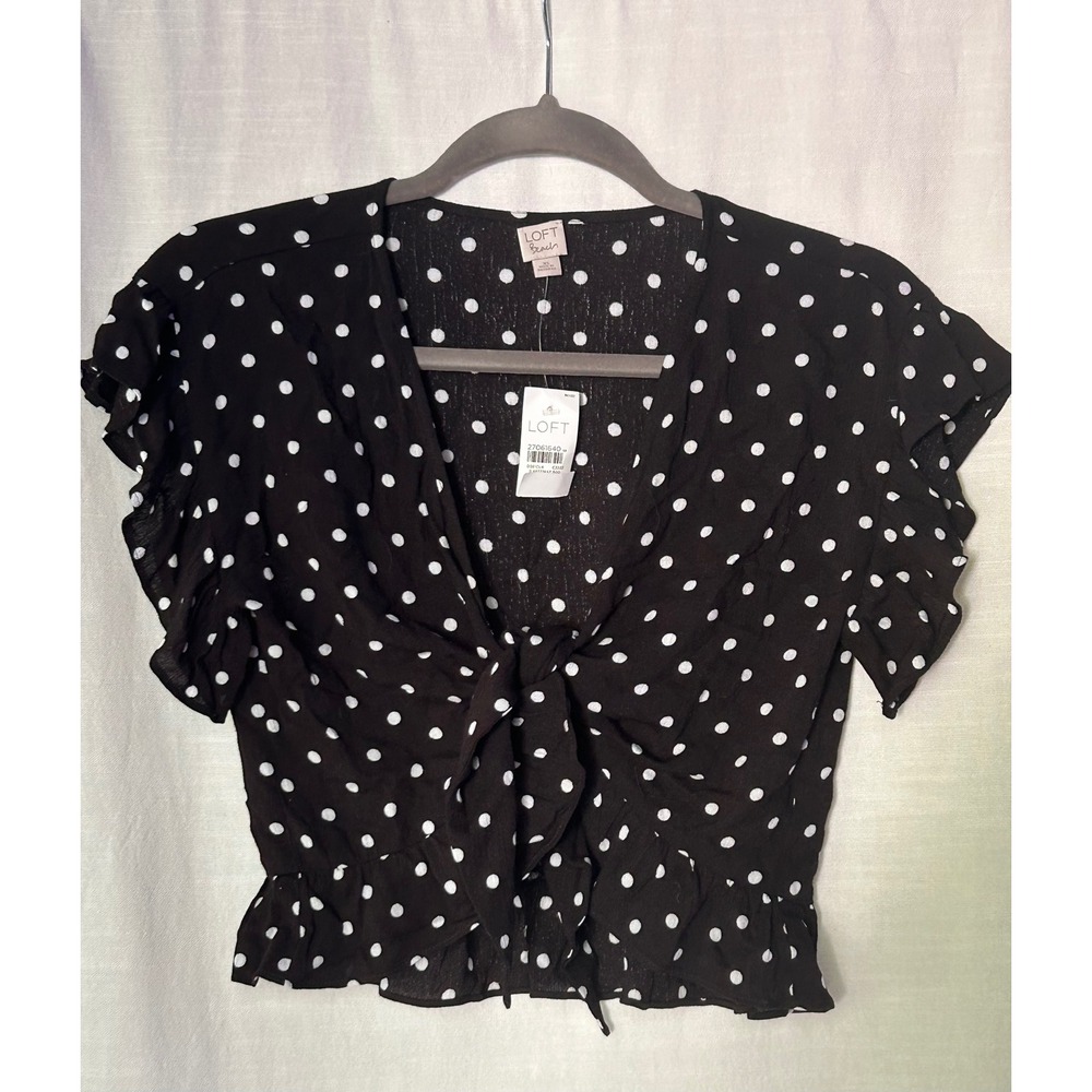Loft Beach Womens XS Black Polka Dot Tie Front Ruffle Crop Top Blouse 27061640 - Picture 3 of 8